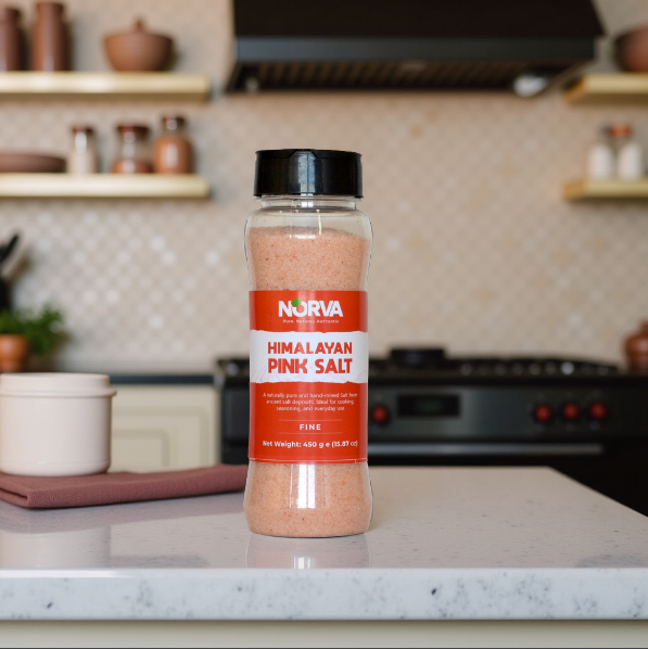 Norva Fine Himalayan Pink Salt - premium marble-finish bottle packaging